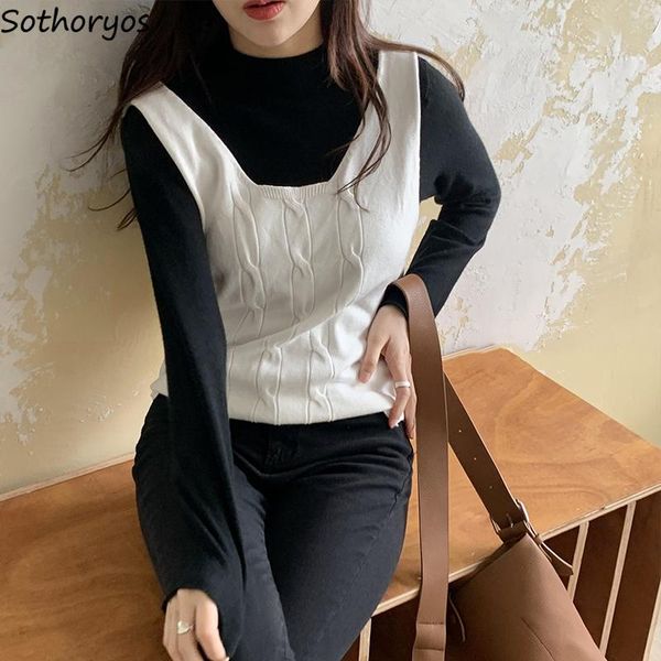 

women's vests women sweater vest korean preppy style square collar solid student sleeveless twist knitted simple loose streetwear, Black;white
