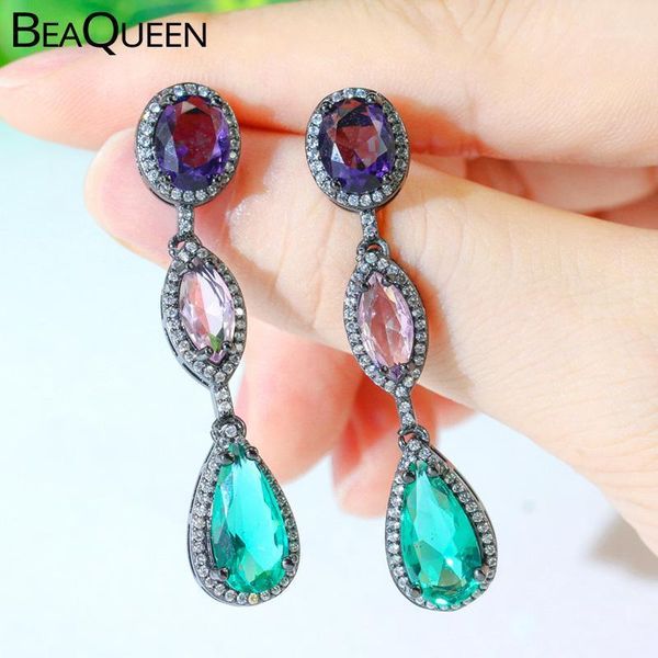 

beaqueen unique purple pink green water drop round cubic zircon crystal long dangle earrings women black gold color jewelry e4071, Silver