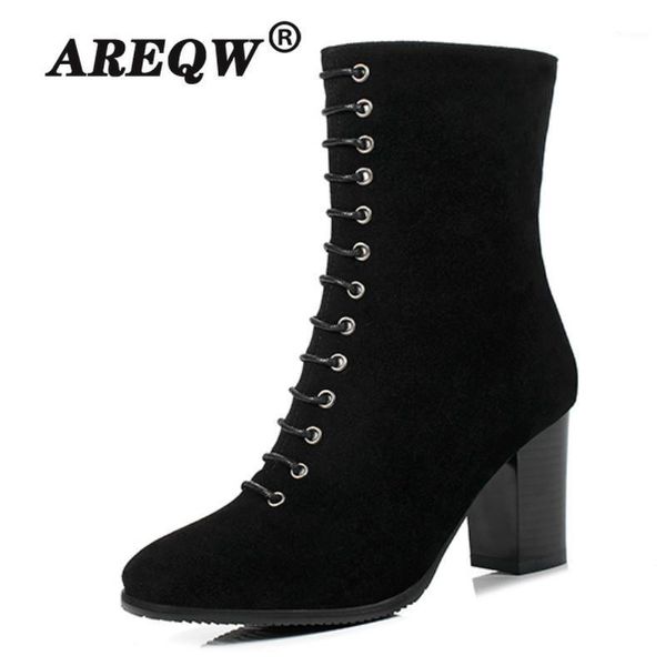 

autumn fashion knee high boots women round toe med heels cross lace up shoes woman elegant solid motorcycle boots female1, Black