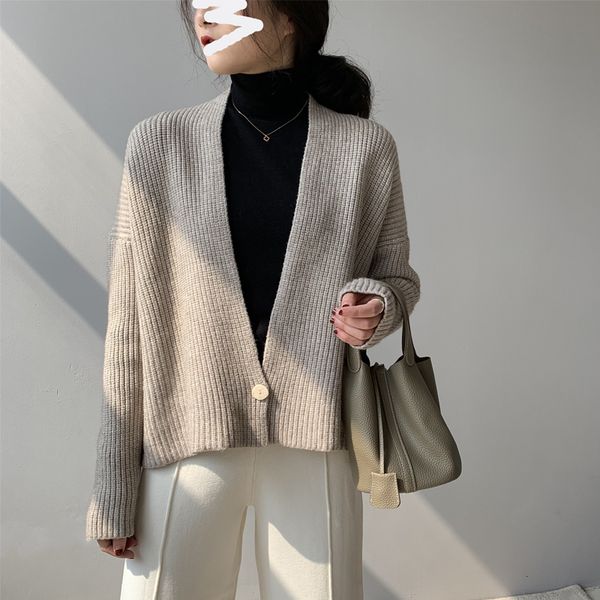 

2021 new atumn v-neck knitted sweater one button design cardigans long sleeve poncho women cape sweaters wjk3, White;black