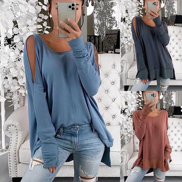 

autmn long sleeve t shirt for women cold shoulder o neck t shirt women casual irregular hem shirts femme t-shirts #sr2j, White