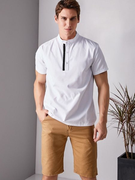 

men stand collar contrast tape half placket shirt 15ef#, White;black