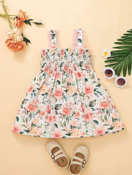 

toddler girls floral print shirred frill trim cami dress she, Red;yellow