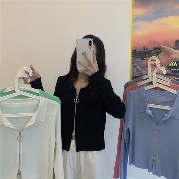 

2020 korean double polo collar long sleeve knitted short women's cardigan 2020 korean double jacket zipper zipper polo collar long slee, White;black