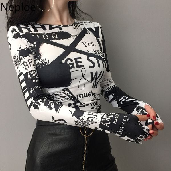 

neploe retro print women t shirts summer new o-neck long sleeve tees fashion hollow out lumbar ladies 45079 201028, White