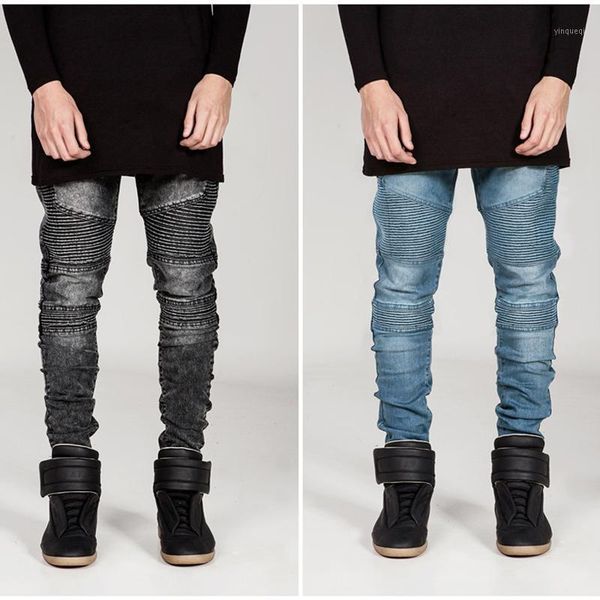 

jeans brand personality men motorcycle jeans pleated slim pencil pants high elasticity european and american street cotton1, Blue