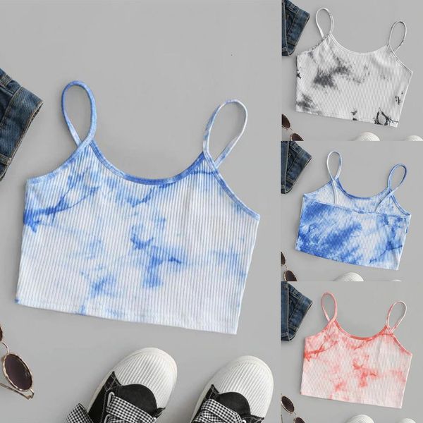 

crop women ladies tie dye letter print sleeveless blouse pullover vest tank crop shirts drop shipping, White