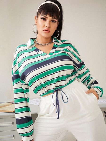 

plus striped drawstring sweatshirt n30g#, Black