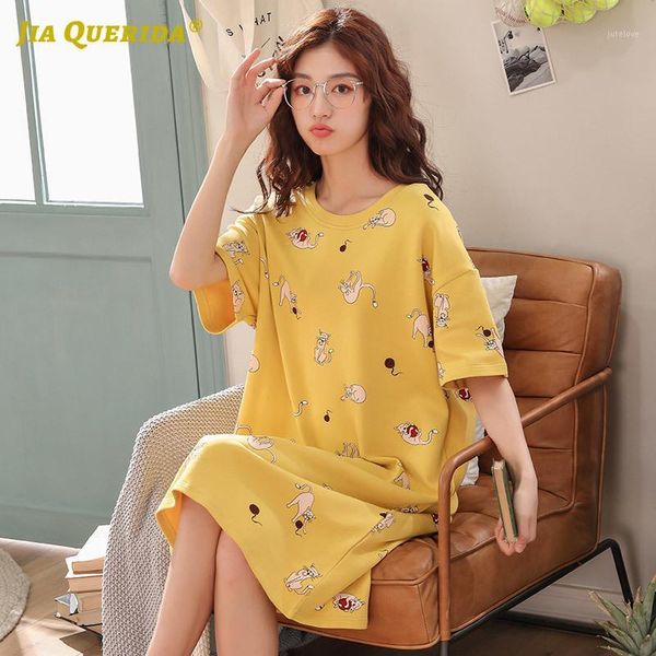 

2020 summer new ladies sleep wear nightgown sleepshirt yellow cartoon cat printing short sleeves knee-length women's homewear1, Black;red