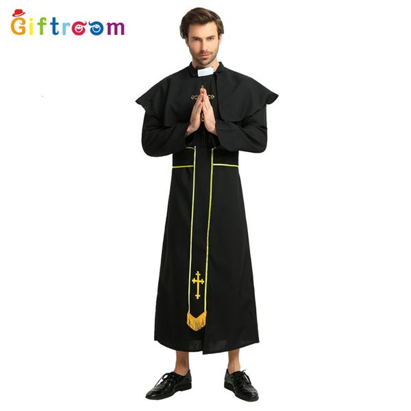 

performance halloween costum of for stage drama male gold black missionary robe prit party role playing costume, Black;gray