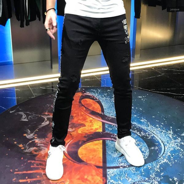 

europe 2020 autumn fashion brand pants men's new personality characters diamond mid waist slim and handsome jeans man1, Blue