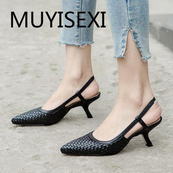 

slingbacks women pumps genuine leather 6cm heel shoes pointed toe weaving spring summer office ladies shoes bal02 muyisexi, Black
