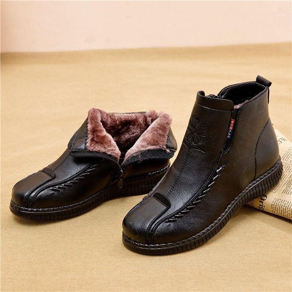 

boots leather for woman plush winter outdoor shoes female vintage 2021 fashion ankle booties1, Black