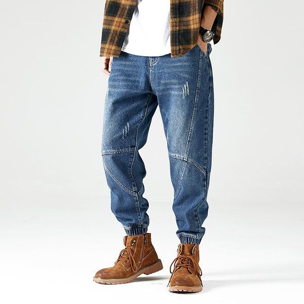 

men's jeans 2021 style europe and america large size men pencil pants loose-fit joint ankle banded retro washing harem, Blue