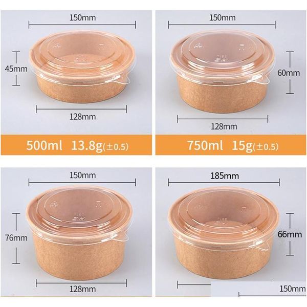 

factory wholesale kraft paper salad bowl take away food container 500ml 750ml 1000ml 1300ml with pet pp lid k8ncz