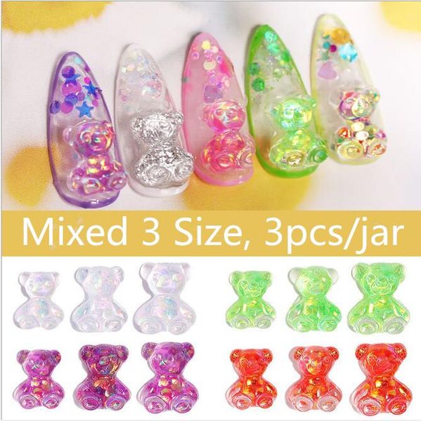 

2020new 3pcs crystal candy bear soft sweets 3d nail art decorations aurora cute bear candy japanese style jewelry nail manicure, Silver;gold
