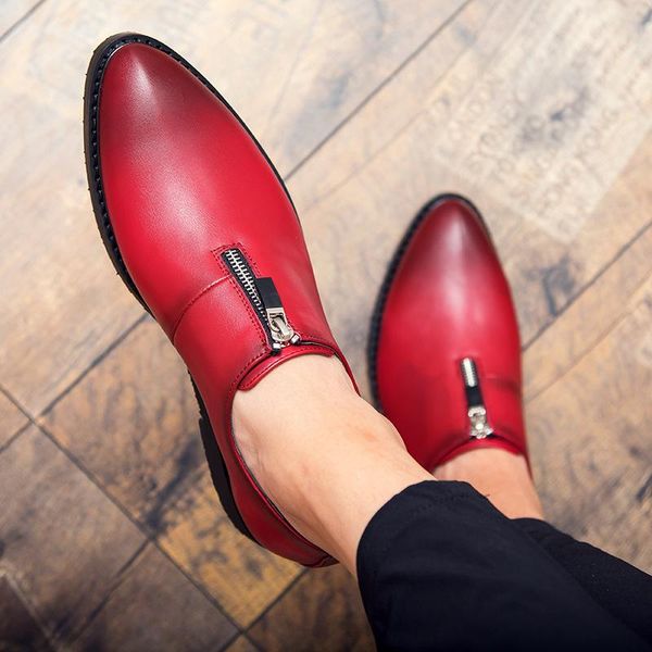 

new design men zipper pointed toe casual wedding party dress shoes male loafers gradine color formal shoes, Black