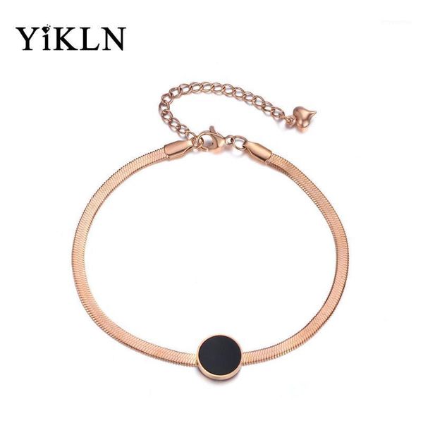 

yikln rose gold round black shell chain & link bracelets bangles jewelry stainless steel charm bracelet for women men yb180031, Golden;silver