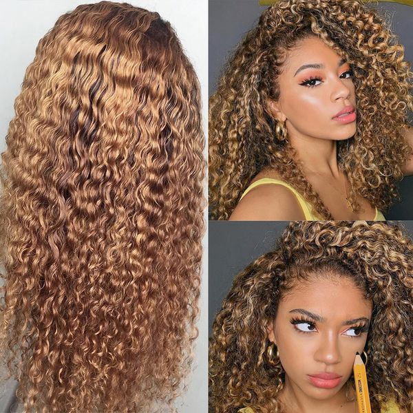 

curly bob lace front wigs highlight ombre colored 13x4 lace front human hair wigs for women honey blonde 360 lace frontal wig, Black;brown