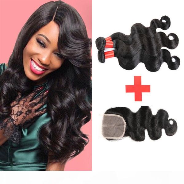 

7a brazilian body wave with closure 3 bundles weaves human hair weft with closure unprocessed brazilian virgin hair with closure, Black