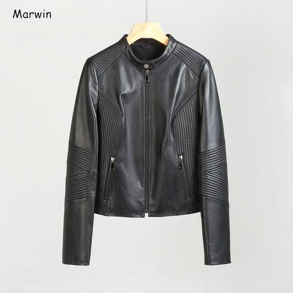 

marwin pu leather 2020 new-coming spring short o-neck leather coat button high street and moto style female ladies1, Black