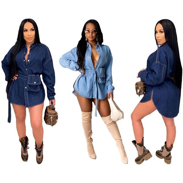 

yunbbz denim blue jeans dress long sleeve button women festival clothing fashion streetwear side split club midi dresses, Black;gray