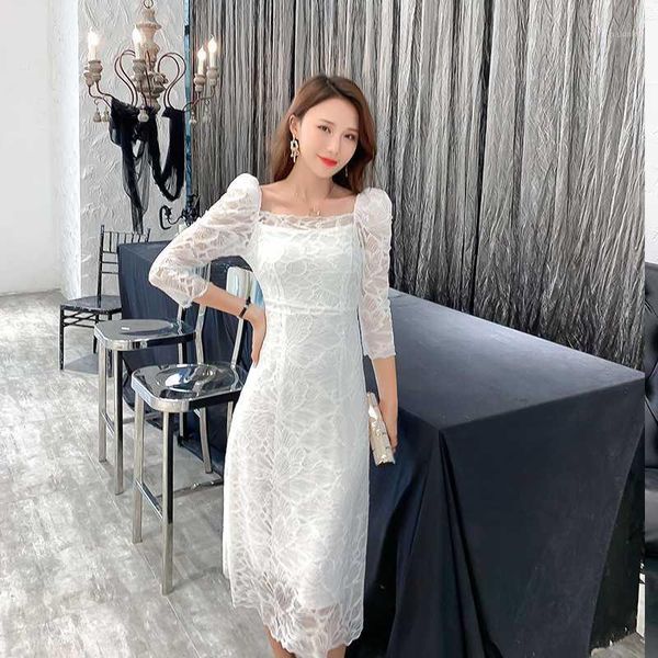 

casual dresses 2021 french style elegant square neck slim dress summer fashion lady puff sleeve long women sweet party1, Black;gray