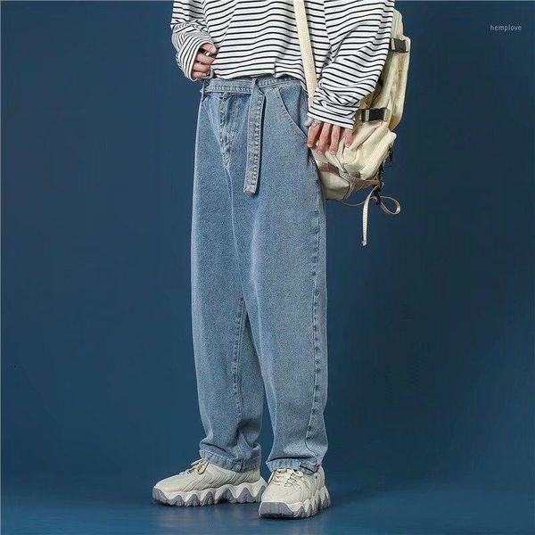 

wide leg jeans men's fashion retro casual belt jeans men streetwear wild loose hip-hop korean straight denim trousers mens s-3xl1, Blue