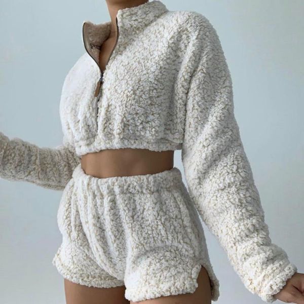 

2021 winter women fleece two piece set long sleeve crop + shorts sets zipper warm lounge wear outfits chandal mujer, Gray