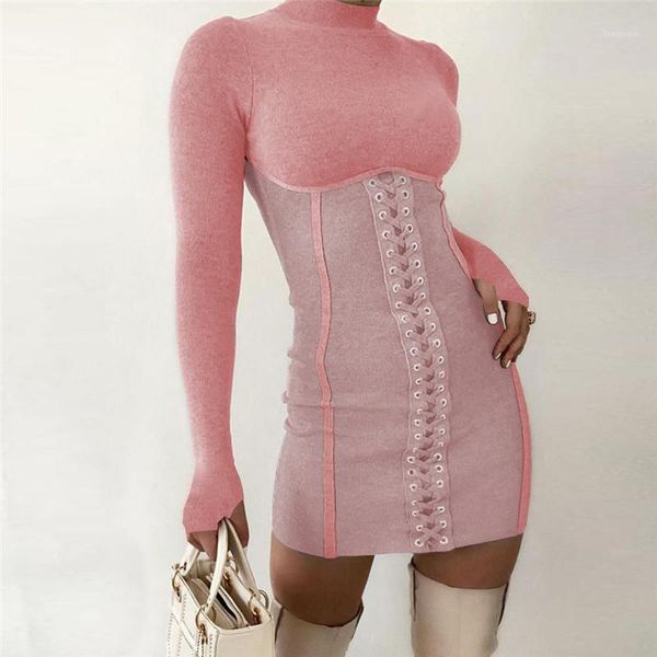 

casual dresses knitted patchwork bandage long sleeve high waist 2021 autumn winter women clubwear mini bodycon party dress1, Black;gray