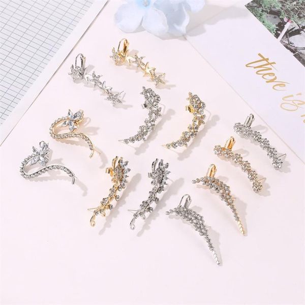 

10pcs crystals flower stars ear wrap crawler hook earrings ear cuff non piercing clip on cartilage earrings kit jewelry, Golden;silver
