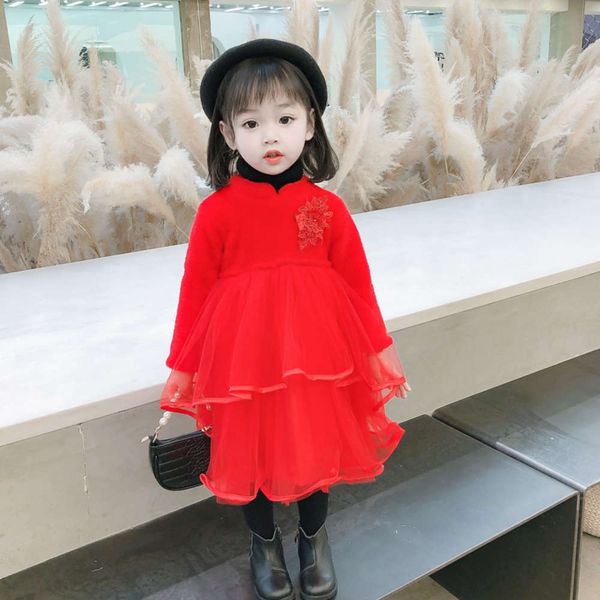 

autumn winter plush 2020 korean girls' new year's drs princs middle and small children's long sve gauze skirt 7hf3, Red;yellow