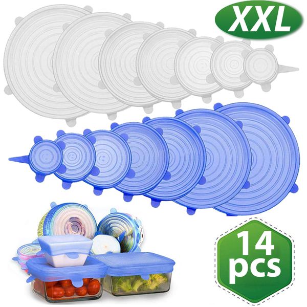 [Xxl] 14 pcs tampas de silicone alimento tampa reutilizável ajustável estiramento tampas de cozinha wrap selo fresco manutenção de cozinha acessórios 201120