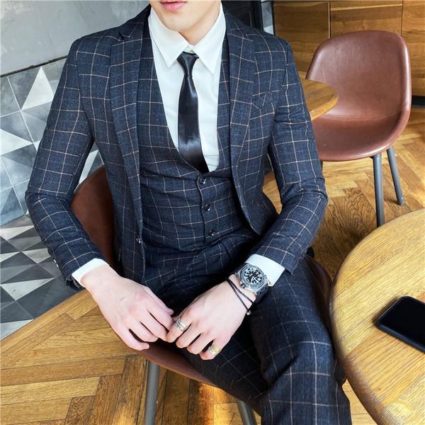 

2021 new grey mens vintage plaid suits british style slim notch lapel two piece polyester+cotton groom party tuxedos, White;black