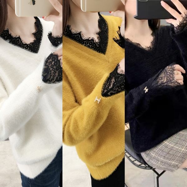 

cemcw imitation mink women's 2020 autumn loose v-neck sweater short sweater knitted bottoming shirt new fashion student hpnuh, White;black