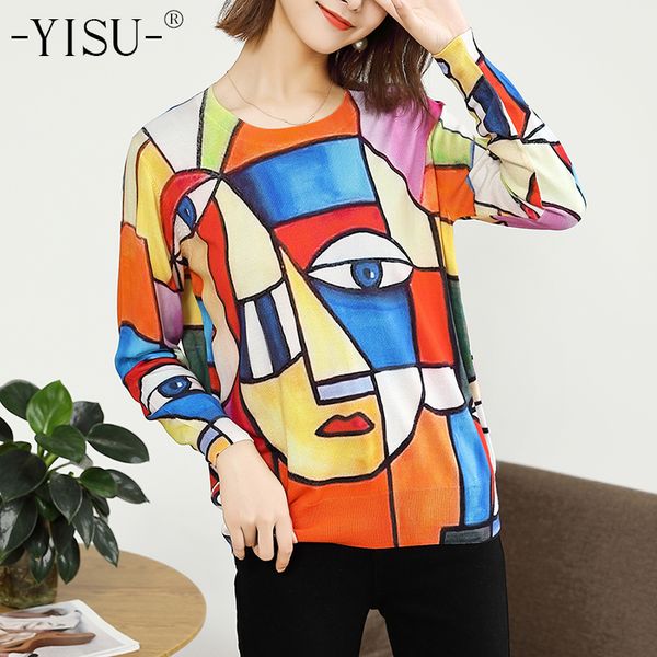 

yisu women knitted sweater long sleeves o-neck collar female casual fashion thin printed pullover ladies autumn winter sweaters lj201113, White;black