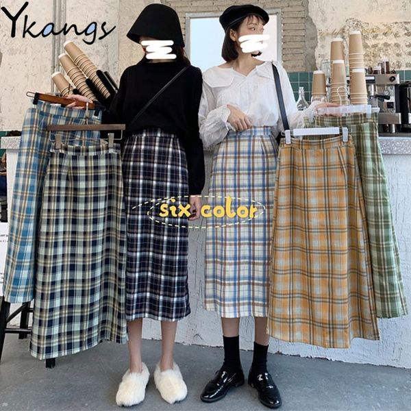 

spring plaid long skirt women high waist lattice midi skirt mujer new vintage elegant slim bodycon pencil skirt jupe retro 201109, Black