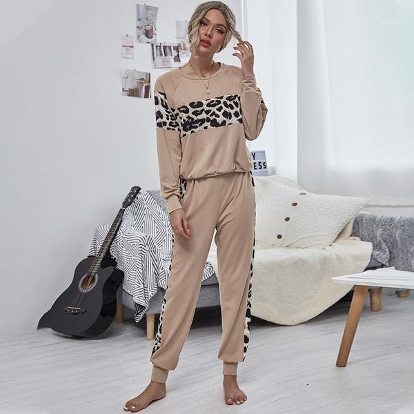 

new casual solid brown o-neck patchwork leopard pullover home woman's set1, Gray