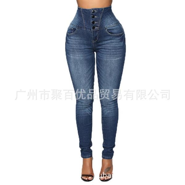 

women's jeans fashion solid skinny womens vintage slim high waisted pencil denim office lady ankle- length feminino, Blue