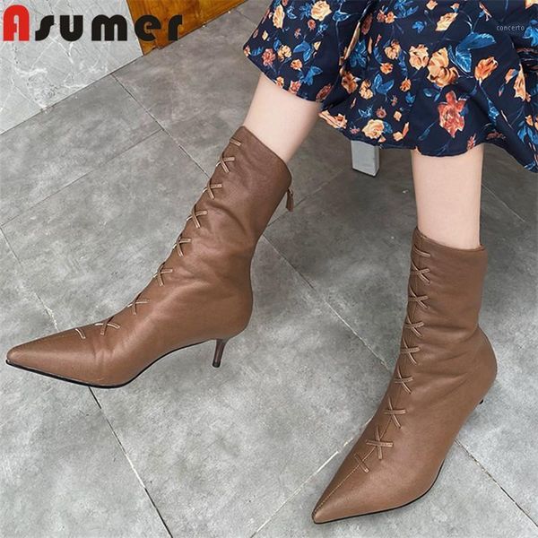 

asumer 2020 new arrive thin high heel boots women genuine leather shoes pointed toe fashion autumn winter ankle boots women1, Black
