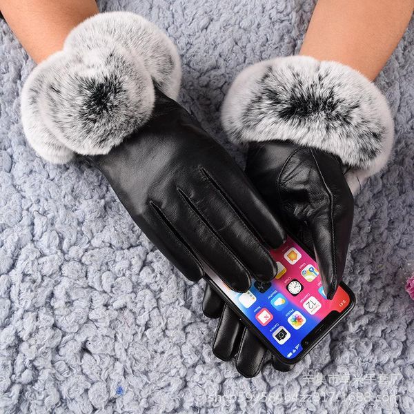 

sheepskin gloves women winter touch screen plus cashmere windproof warm leather gloves big rex fur mouth outdoor, Blue;gray
