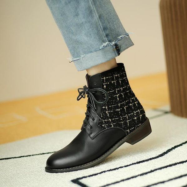 

patchwork women ankle boots genuine leather low heels shoes woman autumn winter round toe cross-tied motocycle boots, Black