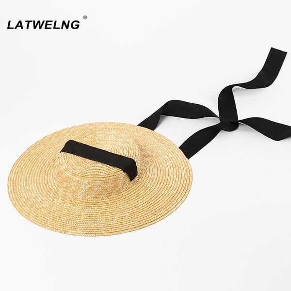 

wholesale wide brim straw hat for women long ribbon ladies beach hats fashion dress up summer sun visor caps droshipping y200602, Blue;gray