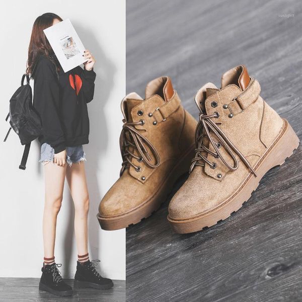 

boots 2021 ins winter vintage leather women cow suede lace up flat ankle autumn female casual shoes1, Black