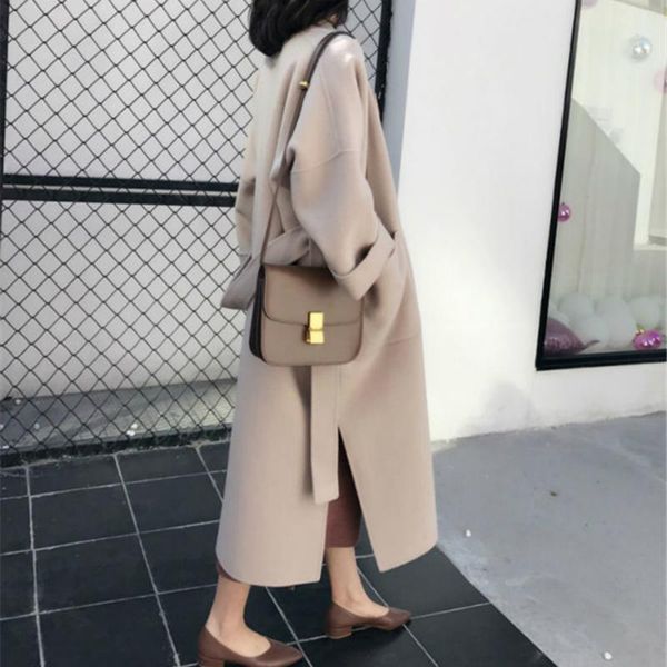

2021 women autumn winter casual super long wool coat woolen jacket sashes split hem loose midi cardigan coat1, Black