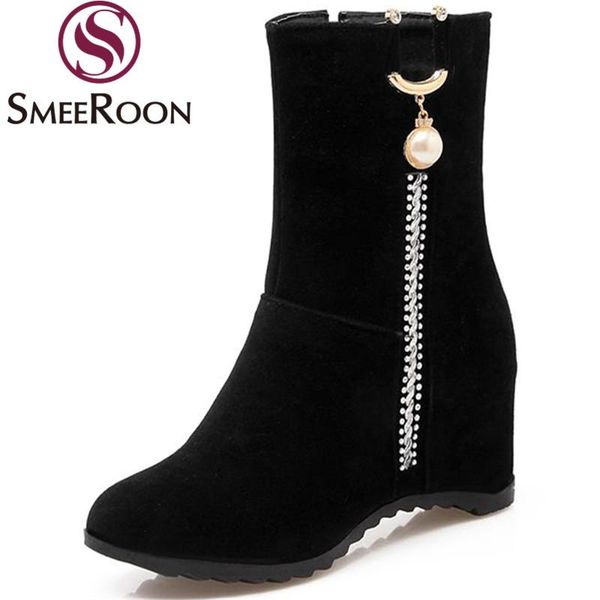 

boots smeeroon 2021 flock height increasing ankle for women elegant crystal winter fashion round toe office shoes, Black