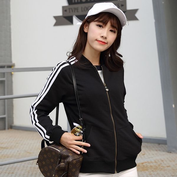 

new loose cardigan zipper sweater women's three bar casual stand collar middle school students baseball jacket 16-24 years old, Black
