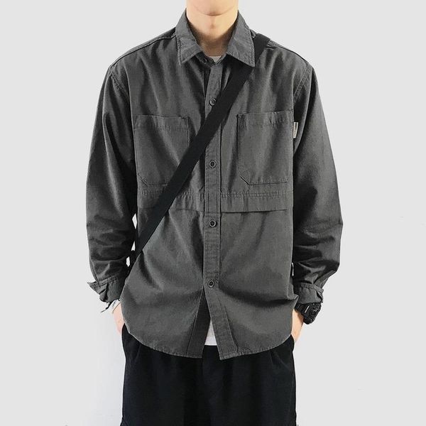 

men's casual shirts spring japanese fashion vintage tooling for men cotton solid color long sleeve loose pocket hip hop streetwear, White;black