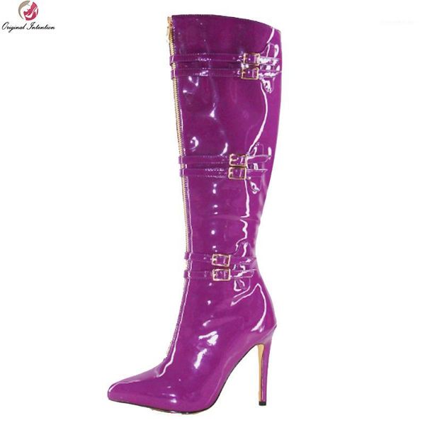 

boots original intention high-quality women knee high pointed toe thin heels fashion purple shoes woman us size 4-10.51, Black