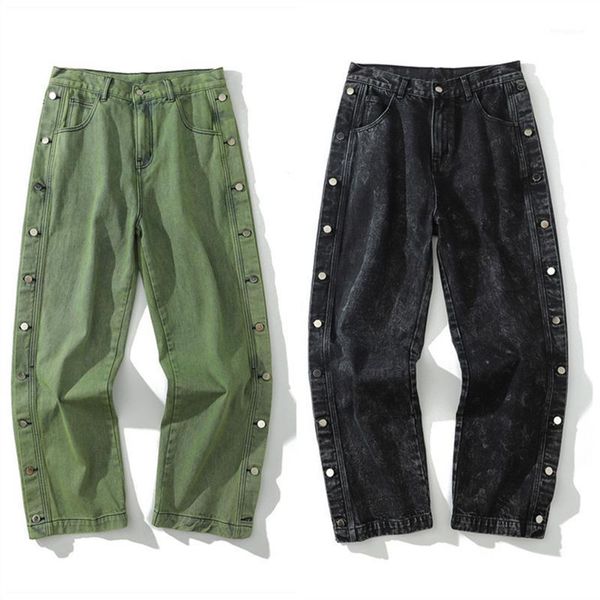 

black green jeans for men wide leg denim jeans pants side button hip hop baggy loose new high waist trousers 2020 rigid cotton1, Blue